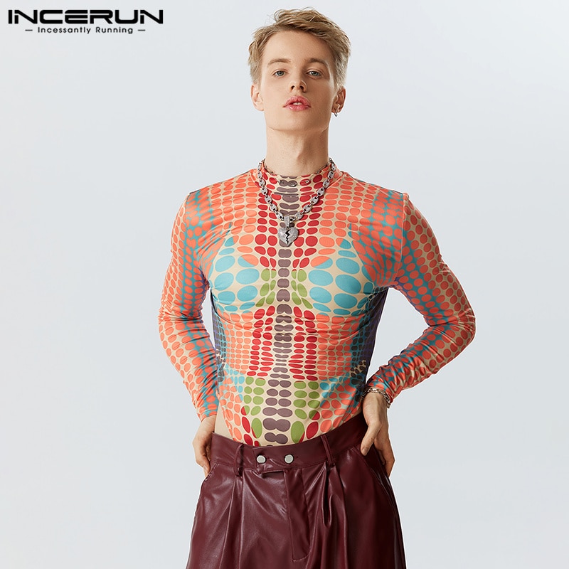 INCERUN Men Bodysuits 3D Printing Turtleneck Long Sleeve Fitness Fashion Male Rompers T Shirts 2023 Streetwear Bodysuit S-5XL