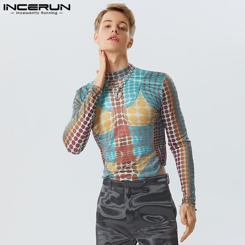 2023 Men Bodysuits 3D Printing Turtleneck Long Sleeve Male Rompers T Shirts Streetwear Fitness Fashion Bodysuit S-5XL INCERUN