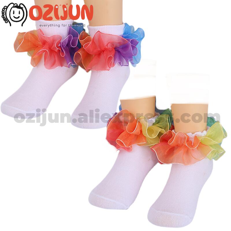10 Pairs Baby Girls Gradient Color Lace Gauze Princess Sweet Ruffle Frilly Lace Sock Dress School Performance Socks