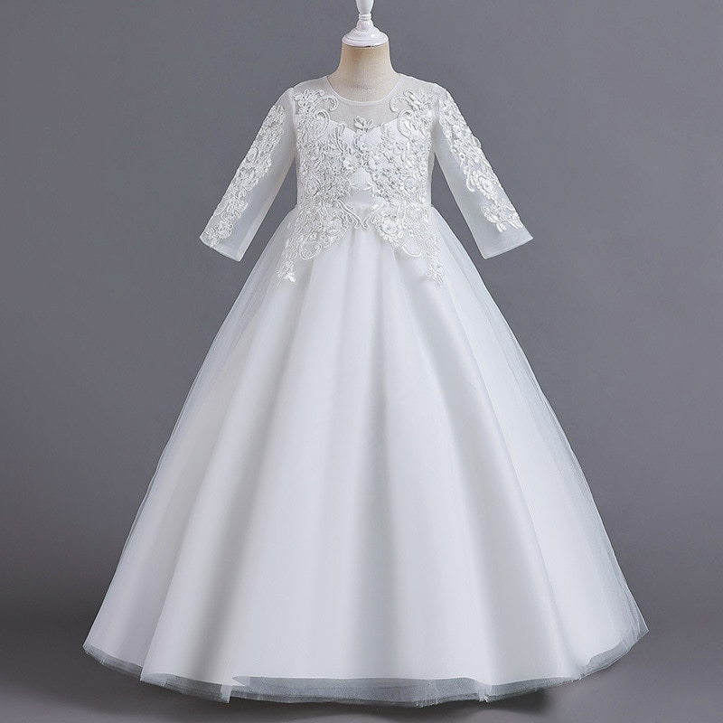 Princess Party Girls Dress Bow White Flower Birthday Bridemaids Kids Party Dress for Girl Half Sleeve Wedding Prom Gown Vestidos