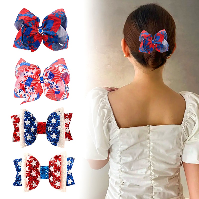 1Pcs Girls Star Hair Bows Glitter Hair Clips American Independence Day Clips Kids Handmade Boutique Fashion Hair Accessories