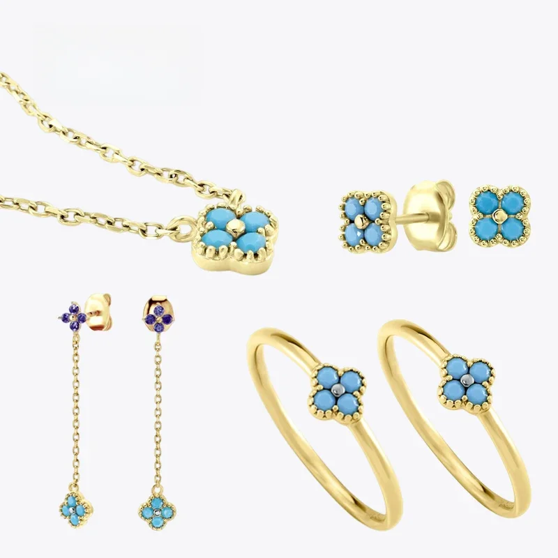 ROXI S925 Sterling Silver Turquoise Clear Zircon Petal-shaped Jewelry Set Finger Rings Necklace Stud