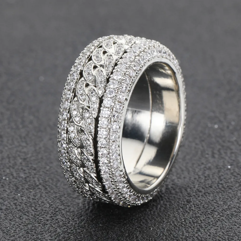 HOYON Lab Created Diamond Shape Cuban Rings For Men Silver Gold Plated Rings 3 Layers Zircon Hip Hop