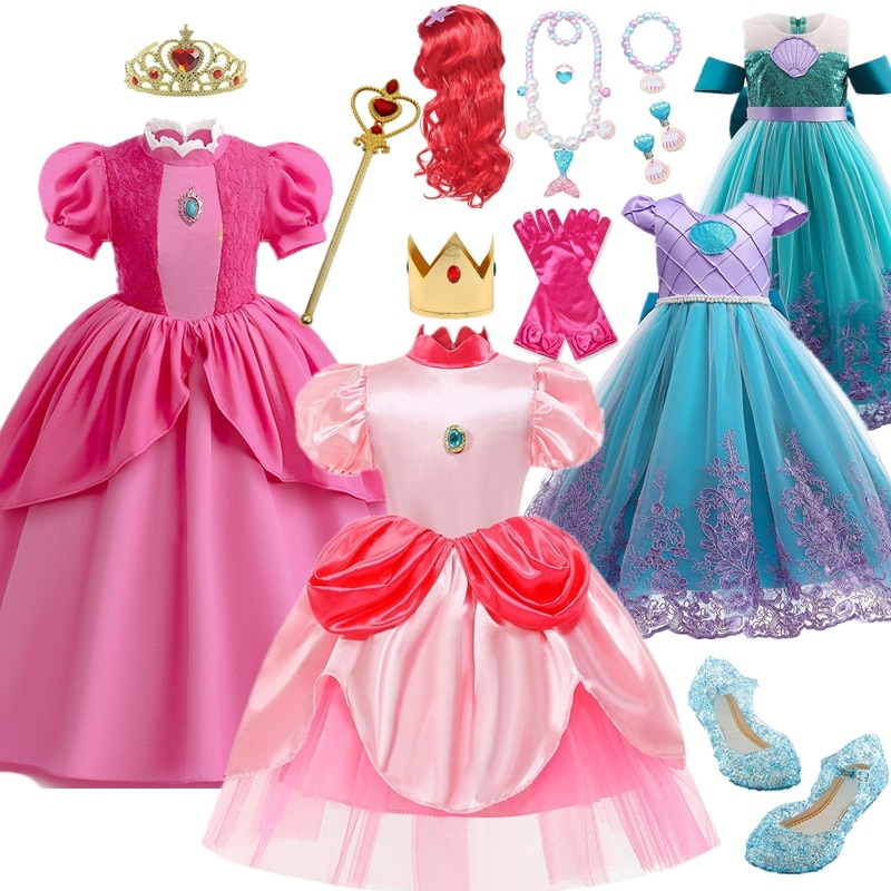 Princesa Peach Cosplay Dress Kids Game Role Playing Clothes Carnival Party Stage Performace Outfits Girls Birthday Fancy Costume