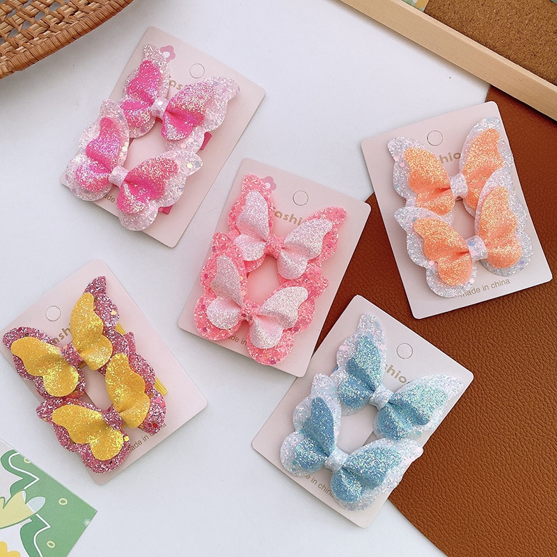 2pcs/set Cute Toddler Girl Hair Clip Lovely Cartoon Butterfly Fluorescent Color Sequins Hairpin for Kids Girl Lovely Headwear