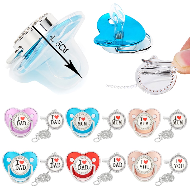I Love DAD Mum Letter Baby Pacifier Clip Bling Rhinestone Pacifier with Clip Chain Infants Silicone Nipple Newborn Dummy Soother