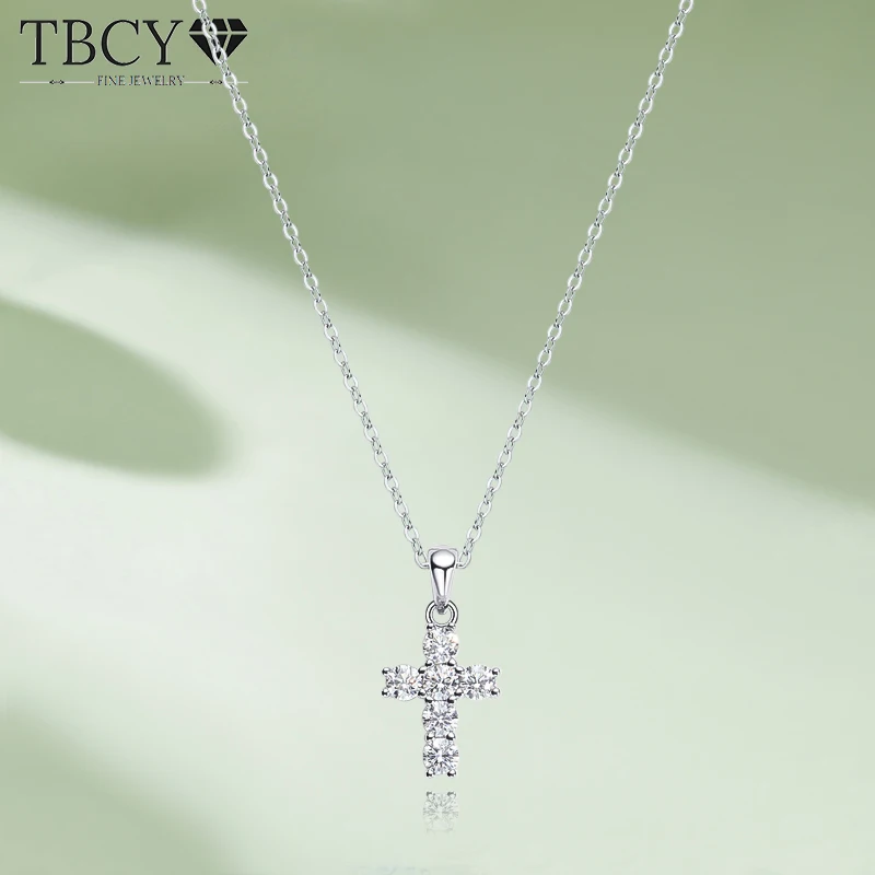 TBCYD D Color Moissanite Cross Pendant For Women 18k White Gold Plated S925 Sterling Silver Necklace