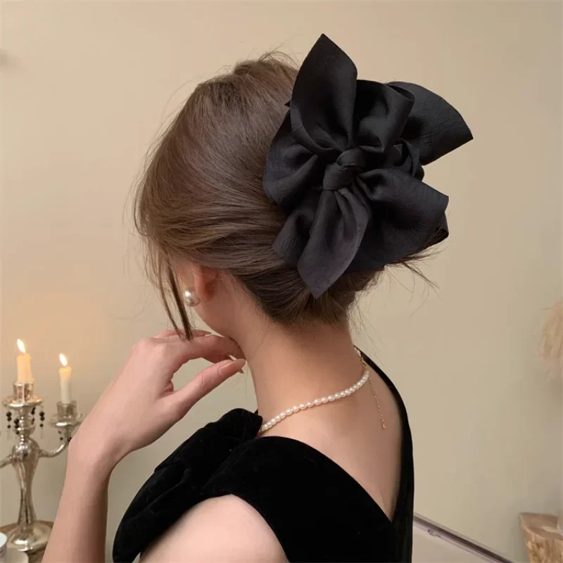 New Large Fabric Large Bow Grasping Clip Retro Ponytail Braid Claw Clip Trendy Sweet Girl Hair Clip