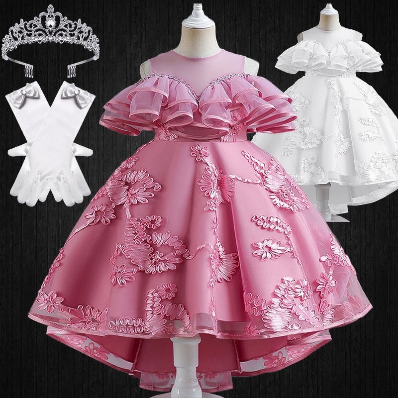 3-12 Year Pageant Girl Ruffle Style Tulle Cocktail Dresses Elegant Kids Formal Occasion Host Piano Performance Embroidered Dress