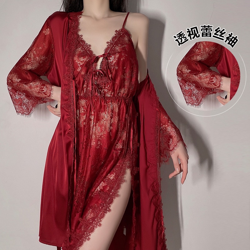 Long Tie Pajamas Transparent Suspender Nightdress Nightgown Bathrobe Bridal Gown Women's Homewear Suit 311