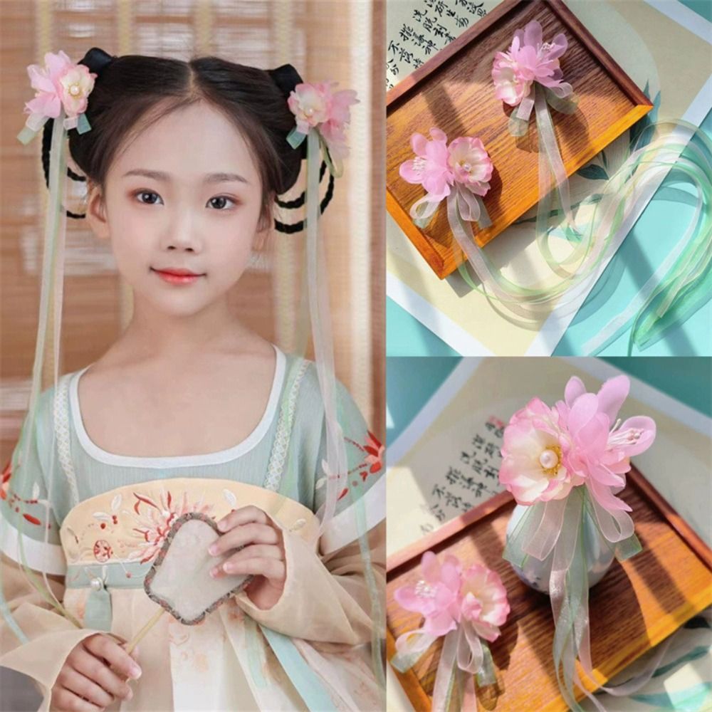 Ancient Style Fabric Flower Ribbon Hairpin Children Hanfu Clothes Accessories Flower Tassel Hair Clip Cute Hair Accessories