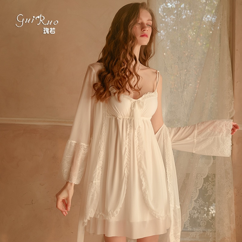 Comfort Autumn Winter Sexy Mesh See-through Chest Pad Slip Nightdress Lace-up Nightgown Women's Homewear Suit 1256