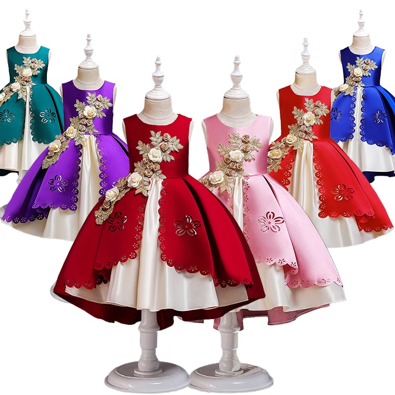 NEW Summer Elegant Girl Sleeveless Lace Hollow 3D Flowers Princess Dress Formal Occasion Kids Stage Performance Cocktail Dresses