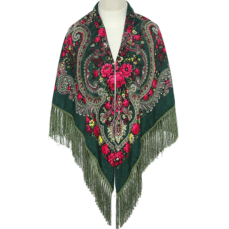 51*51in Women Scarf Square Shawl Retro Fringed Cotton Print Scarves Hijab Wraps Russian Ukrainian
