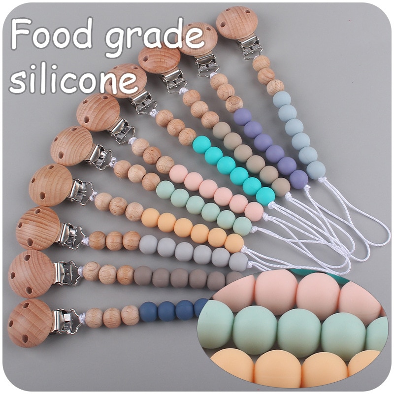 Personalized Pacifier Clip Handmade Baby Name Silicone Teething Beech Wood Chew Beads Holder For Pacifier Clips Dummy Chain
