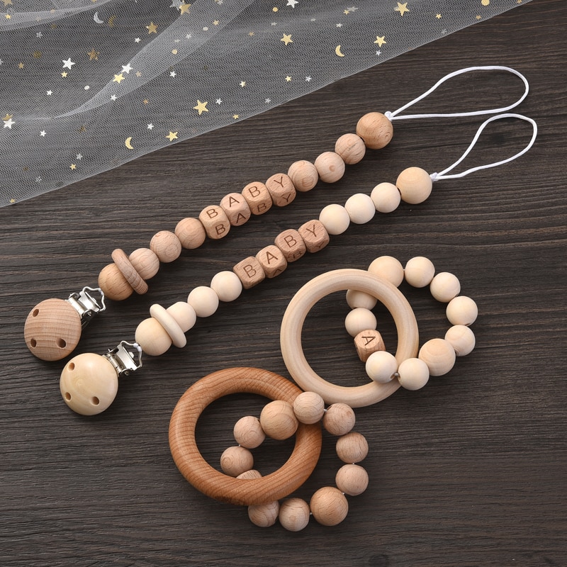 Custom Name Baby Pacifier Clip Chain Dummy Holder Nipples Children Beech Letter Pacifier Clips Teether Teething Toy Bracelet