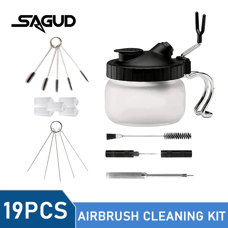 Airbrush Cleaning Kit Clean Pot Jar with Holder and Cleaning Brushes/Needles Double–Ended Brush