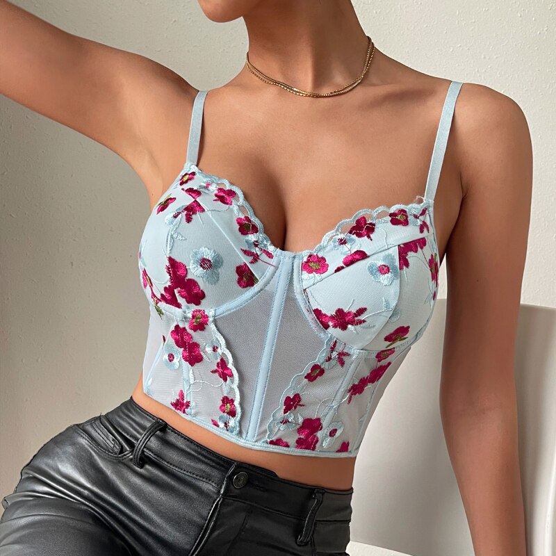 Sexy Spicy Girl Mesh Corsets Shaper Flower Embroidery Bustiers Steel Ring Fishbone Slim Fit Fashion Versatile Women Corset Top