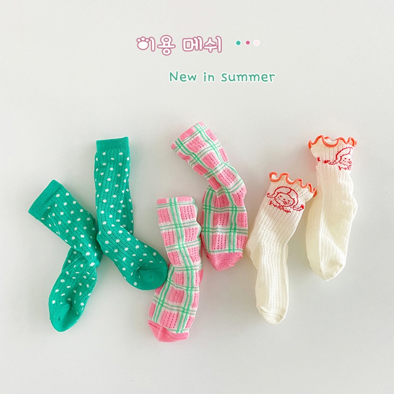 2023 Summer Socks Children Mesh Socks Kids Girls Calf Length Polka Dots Socks 3 Pairs/bag