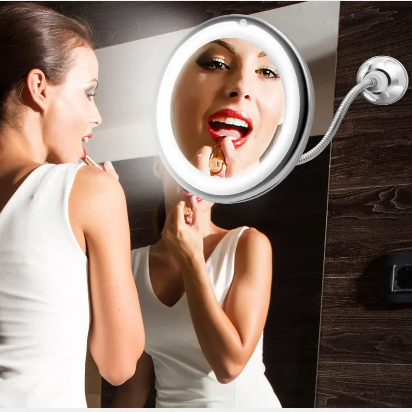 Flexible Gooseneck 6.8" 10x Magnifying LED Lighted Makeup Mirror, Bathroom Magnification Vanity