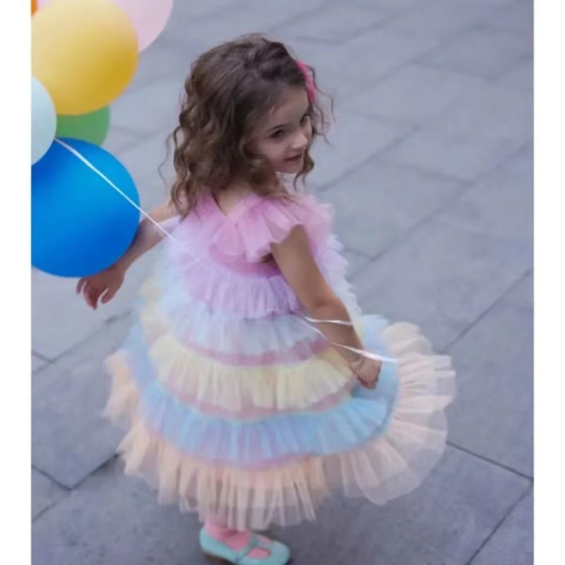 Girls Princess Dress Summer Toddle Children Rainbow Sleeveless Mesh Vestido Baby Cake Tulle Dress Clothes Party Birthday 1-10Y