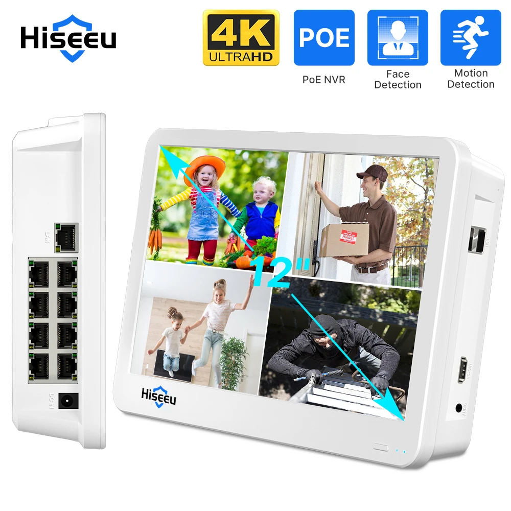 8CH 12 Inches LCD POE NVR 4K 8MP POE Network Video Recorder with Screen For 8MP 5MP CCTV POE IP CCTV