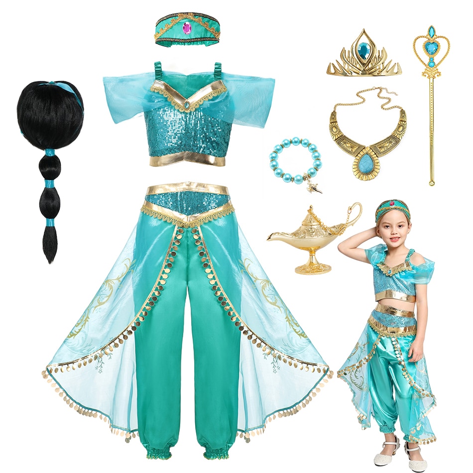 Jasmine Costume for Girls Aladdin Sequined Princess Dress Up Top+Pant+Headband Birthday Carnival Party Cosplay Clothes Vestido