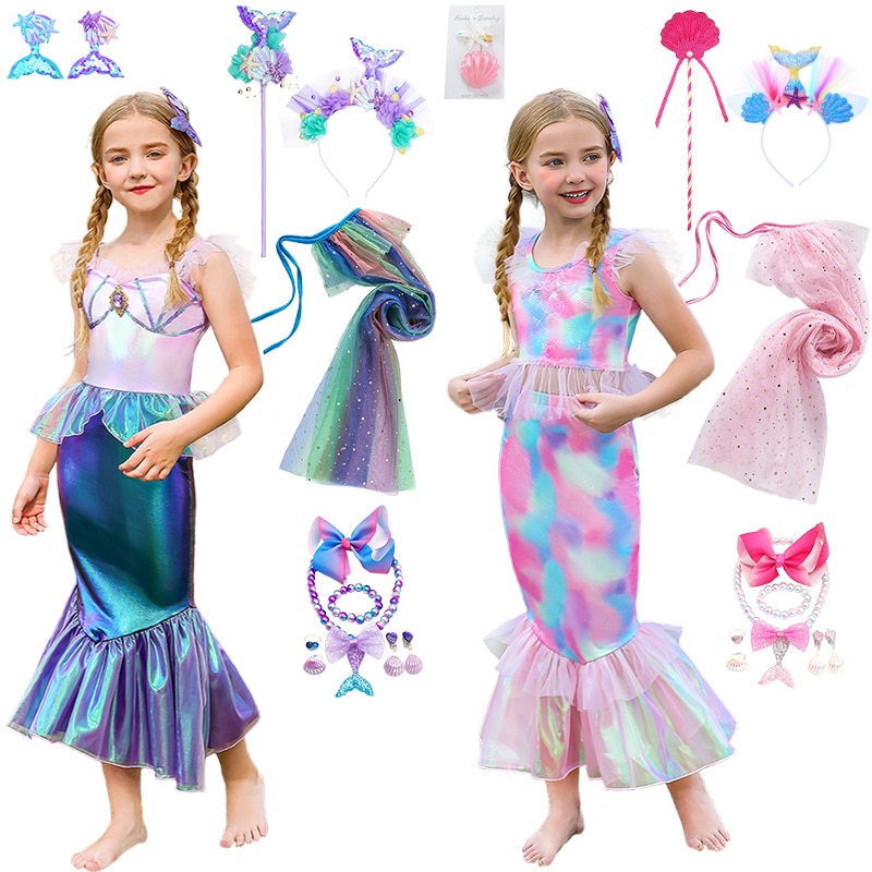 2023 New Movies Little Mermaid Dress for Girls Summer Holiday Beach Rainbow Tail Ariel Princess Cosplay Masquerade Party Costume