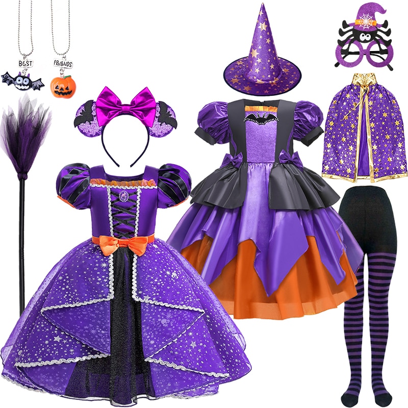 2023 Halloween Girls Cosplay Purple Witch Dress Carnival Children Bat Pumpkin Masquerade Stage Performance Ghost Vampire Costume