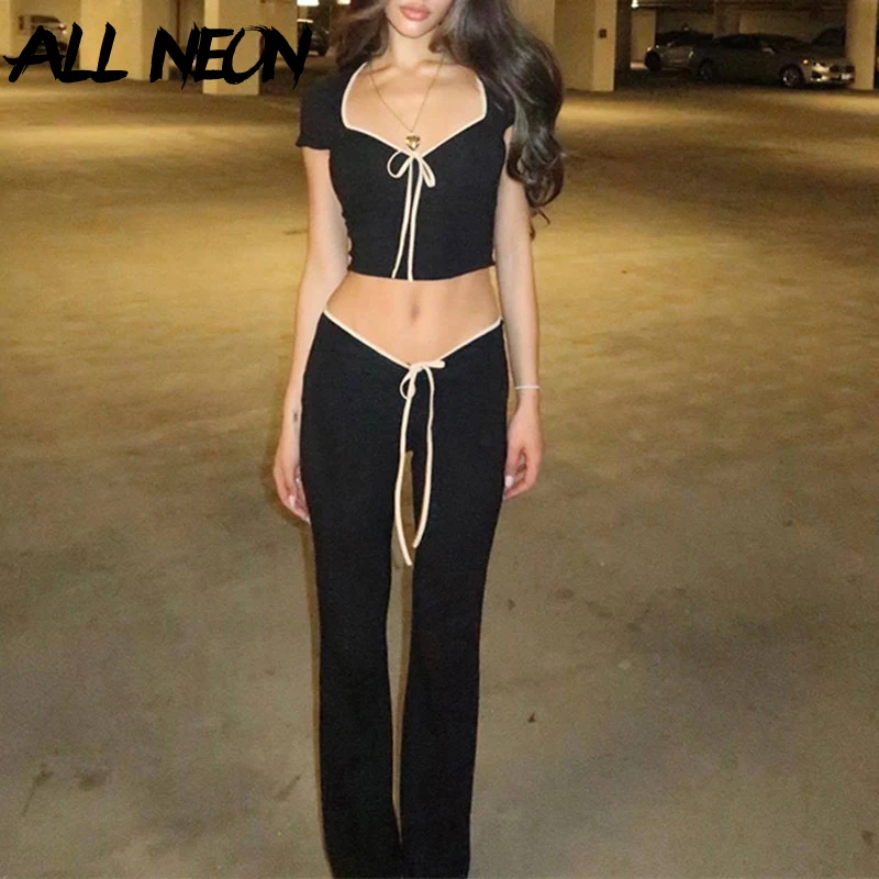 ALLNeon Fairy Streetwear Co-ord Sets Ladies Square Collar Lace-Up Crop Tops Basic Low Waist Flare