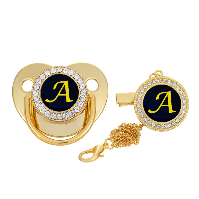 Luxury Name Initials Golden Baby Pacifiers Clip Toddler Nipple Bling 26 Letter Infant Nipple Boy Girl Baby Accessories BPA Free