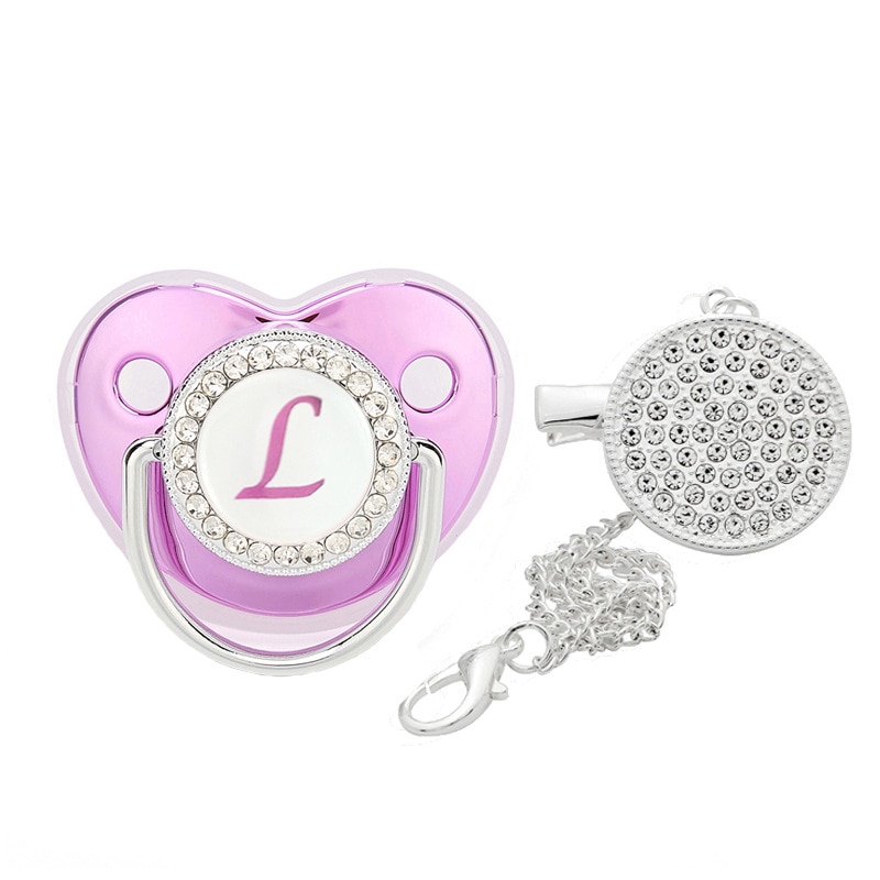 Luxury Name Initial Letters Purple Bling Pacifier BPA Free Silicone Infant Newborn Nipple Newborn Dummy Soother Baby Gifts 3-18M