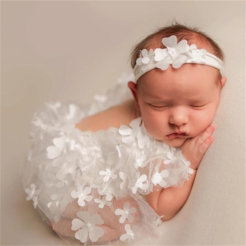 Newborn Baby Girl Photography Props White Lace Romper Headband Photo Bodysuit & Flower Hairband for Infant Shower Gifts