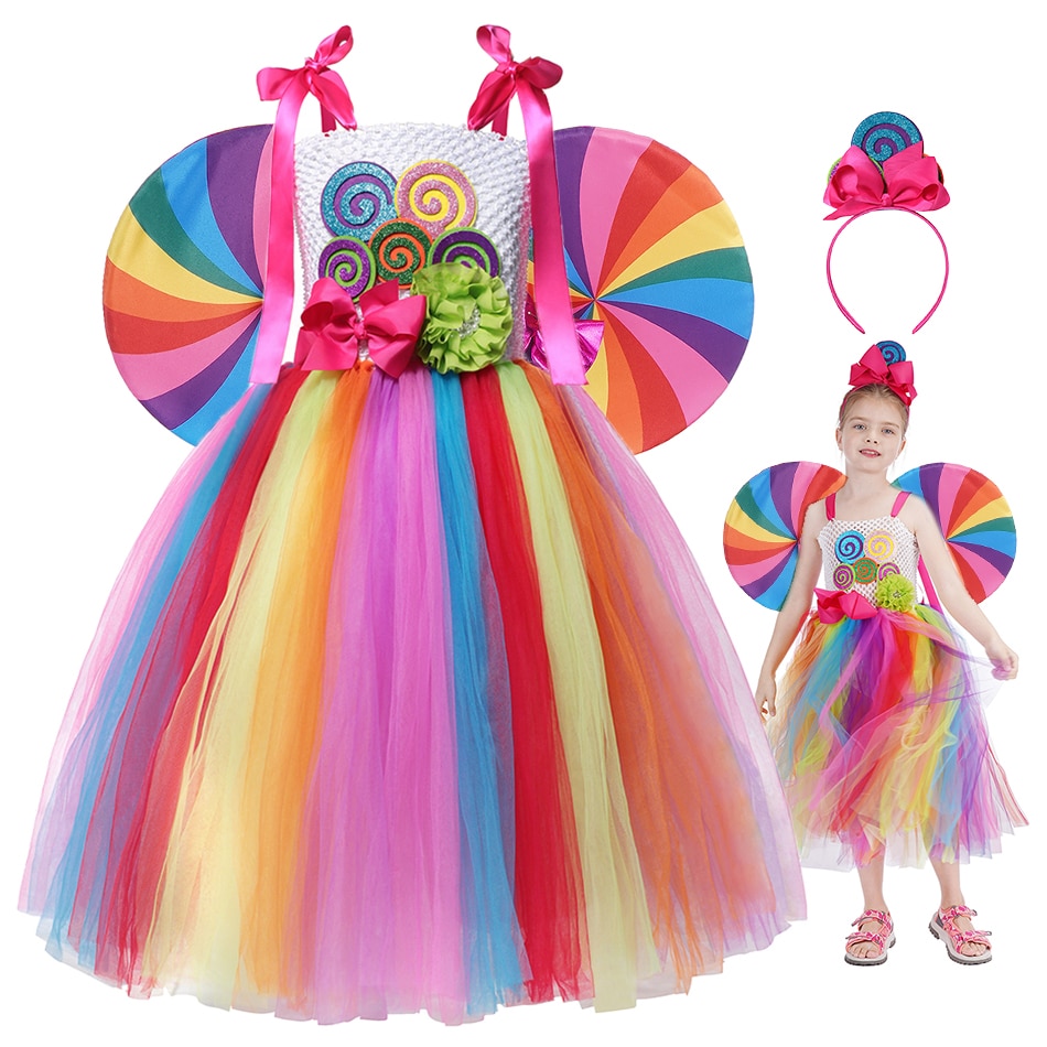 2023 Purim Girl's Rainbow Candy Costume for Children's Christmas Dress Cosplay Lollipop Princess Dresses Birthday Part