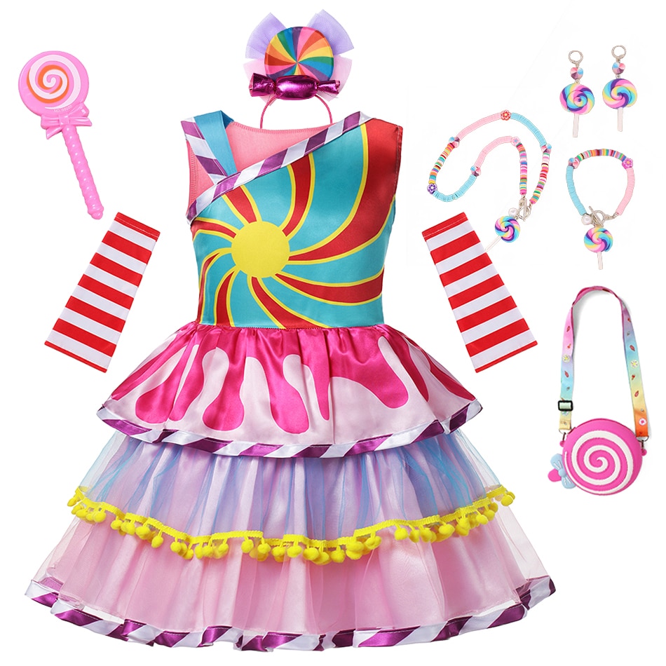 Sweet Rainbow Candy Tutu Dress for Girls 2-10 Years Lollipop Costume with Headband Birthday Halloween Carnival Party Clothes