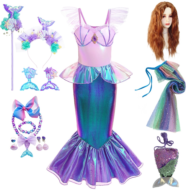 Hot Summer Fancy Girls Gradient Little Mermaid Costume Elegant Kids Princess Ariel Princess Tail Holiday Party Performance Dress