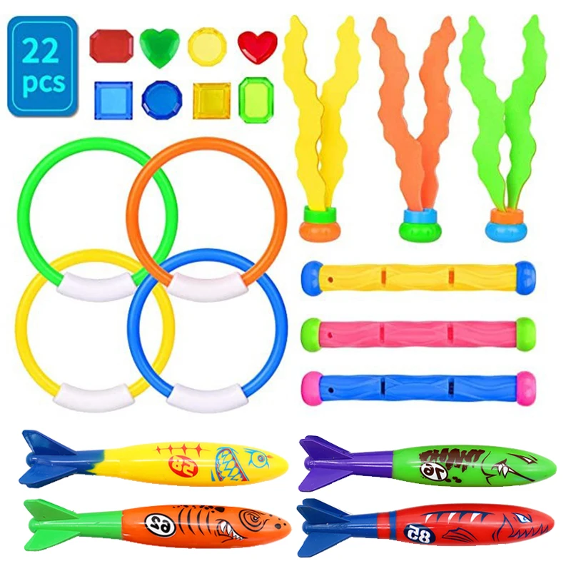 22pcs Children Diving Toys Exercise Gemstone Seaweed Fish Ring Diving Rod Torpedo Summer Game