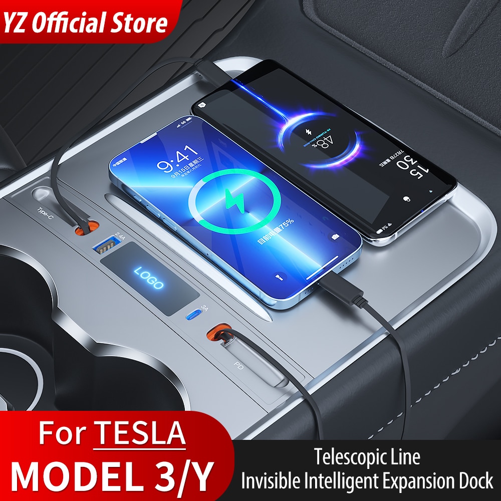 27W Quick Charger USB HUB For Tesla Model 3 Model Y Shunt Intelligent Docking Station Car Adapter Powered Splitter Extension