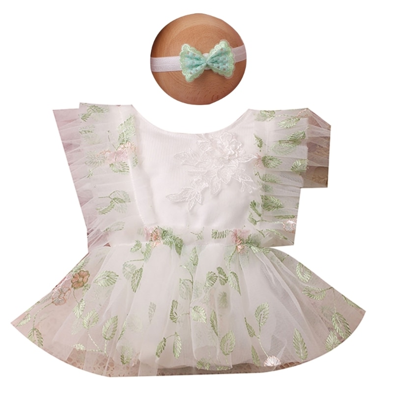 2-piece Newborn Outfit Embroidery Fragmented Flower Lace Mesh Bodysuit Headwear