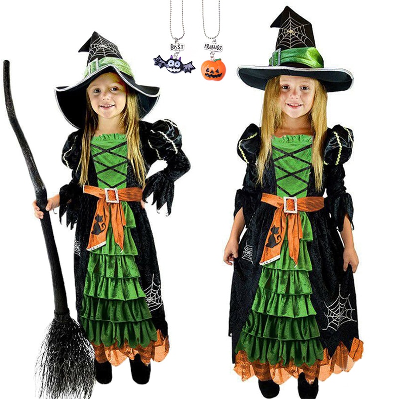 3-12Years Halloween Cosplay Children Full Sleeve Tiered Witch Ghost Vampire Dress for Girls Masquerade Party Stage Play Costumes