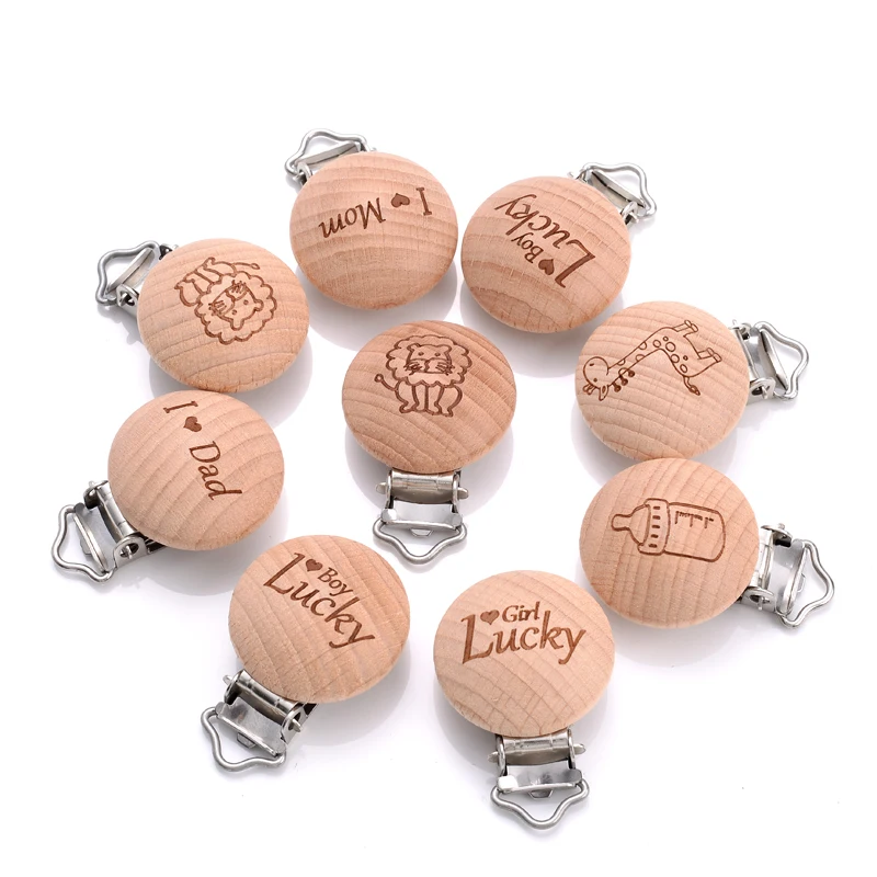 5Pcs Beech Pacifier Clip 30mm Wooden Animal Letter Pattern Pacifier Metal Clips Holder Pacifier