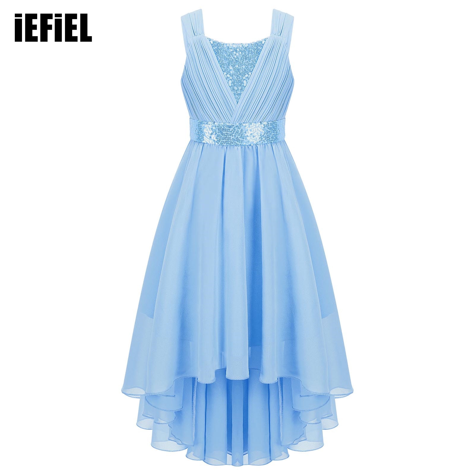 Lovely Shiny Sequin Ruched Party Dress Kids Girls Sleeveless Grace Chiffon Dress With A Big Bow for Birthday Senior Prom Wedding