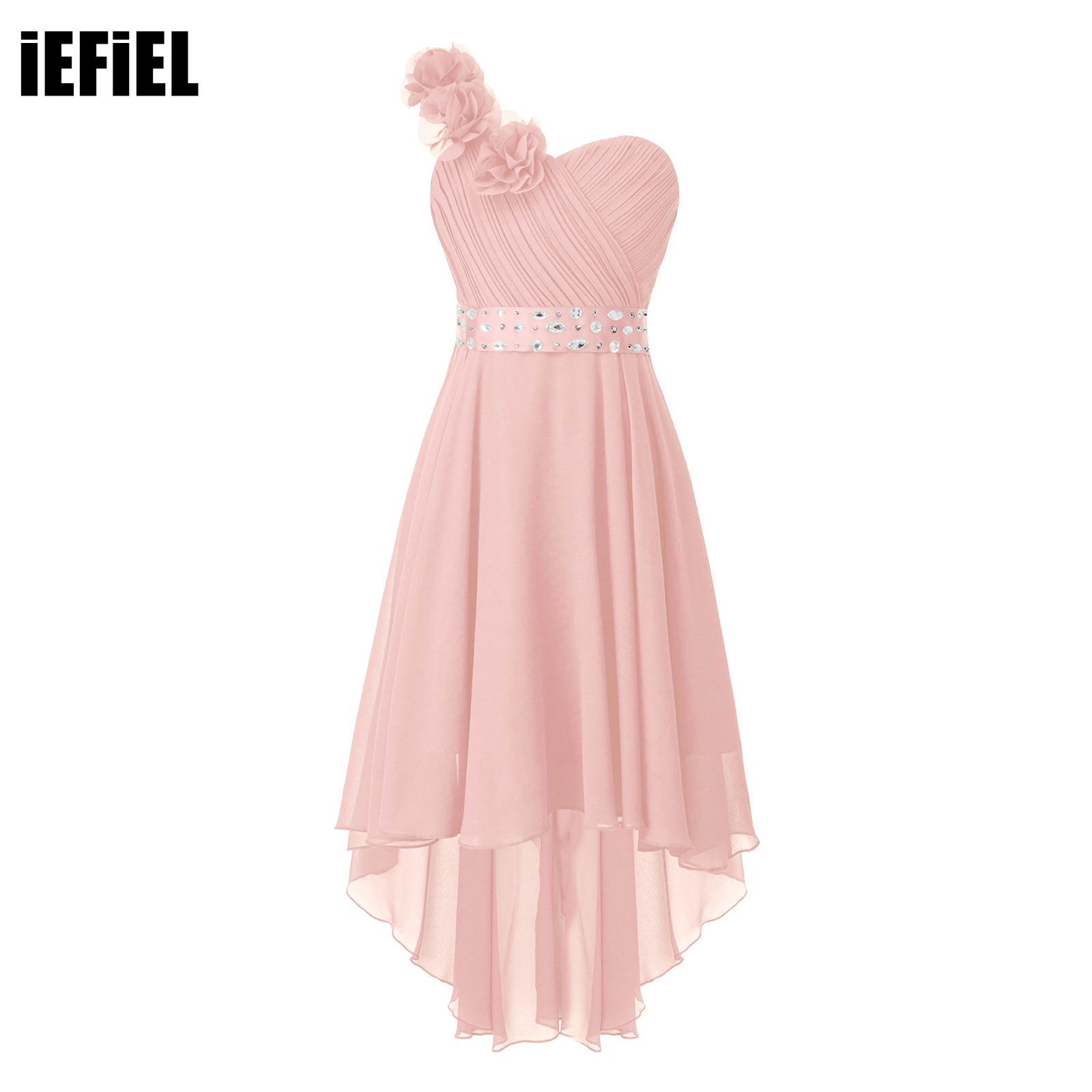 Summer 3D Applique Party Dress Kids Girls One-Shoulder Ruched Asymmetrical Hem Dress with Detachable Rhinestone Sash for Wedding