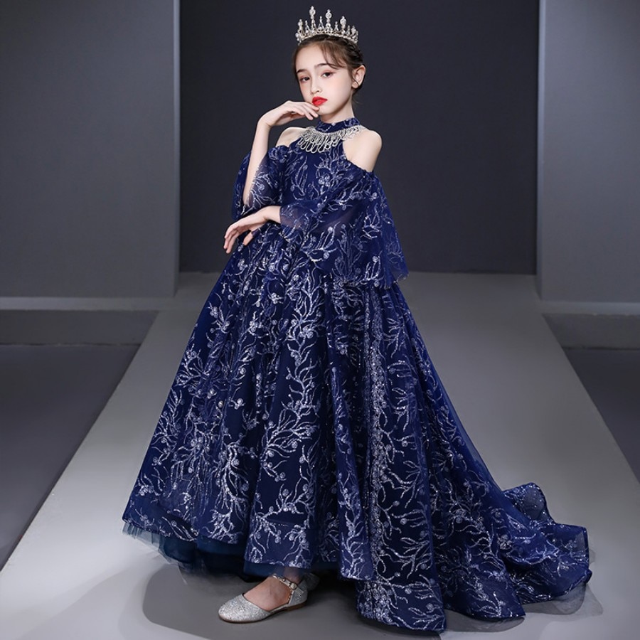 Luxury Princess Rhinestone On Collar Evening Party And Prom Ankle Length Asymmetrical Dress 3 To 14 Years Girls Wdding Dresses