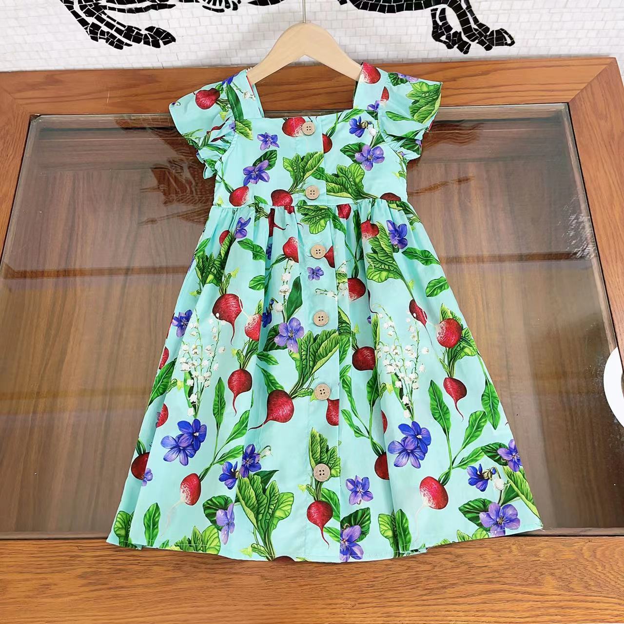 JICUSYAN Green Dress Casual High-end Child Summer 2023 New Girls Beach Flying Sleeve Vintage Flower Vegetable Print Sicily