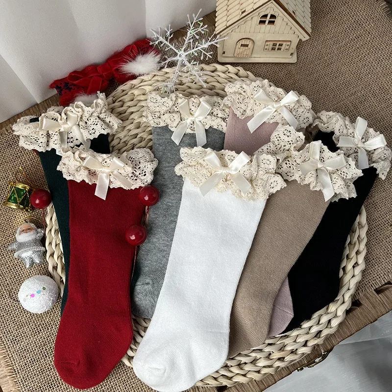 New Winter Autumn Baby Girls Knee High Socks Lace  Ruffle Long Sock Cotton Kids Toddlers Princess