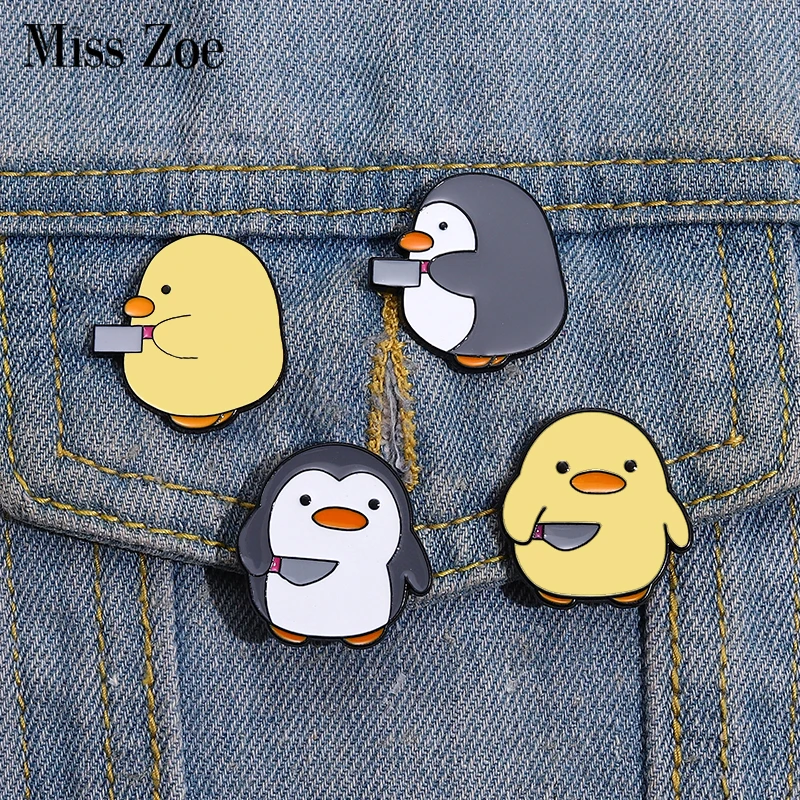 Cutie Killer Enamel Pins Chick Little Penguin Dagger Knife Brooches Lapel Badges Cartoon Fun Animal