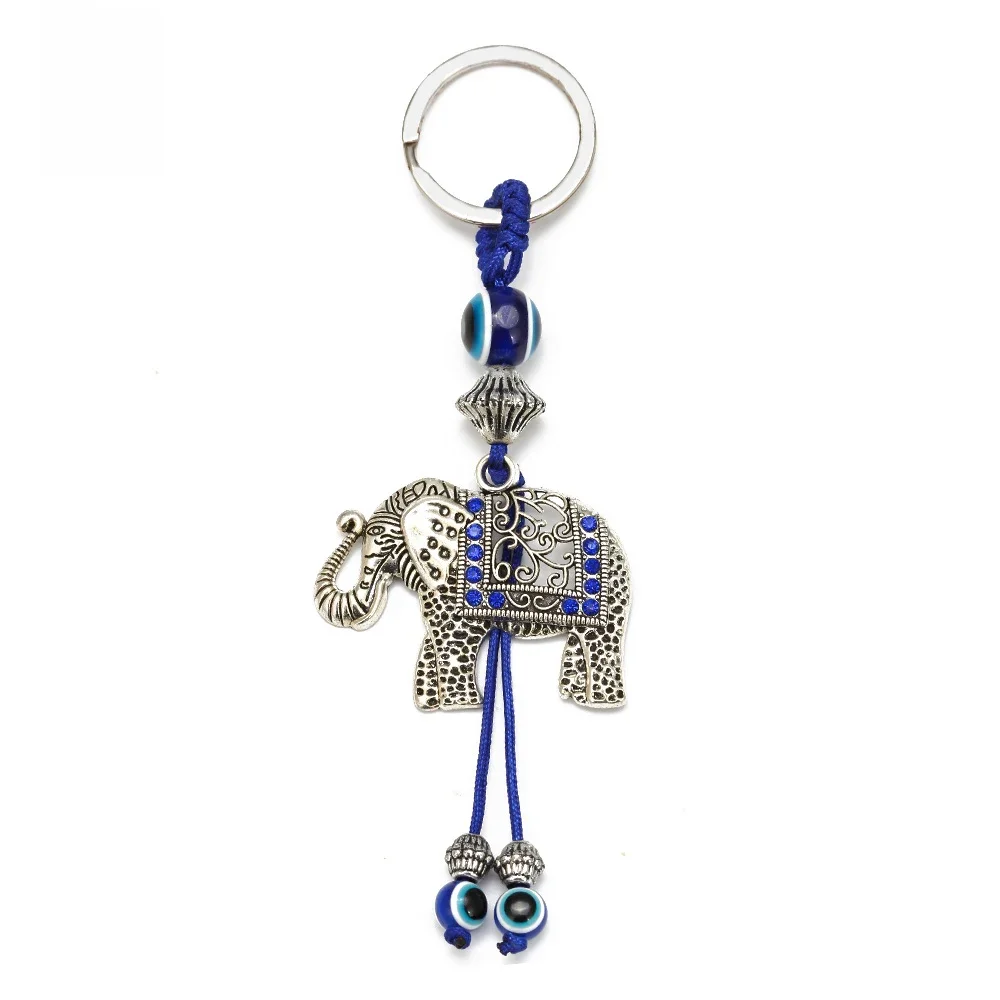 Lucky Eye Alloy Elephant Keychain Blue Turkish Evil Eye Bead Key Chain Women Men Bag Car Keyring