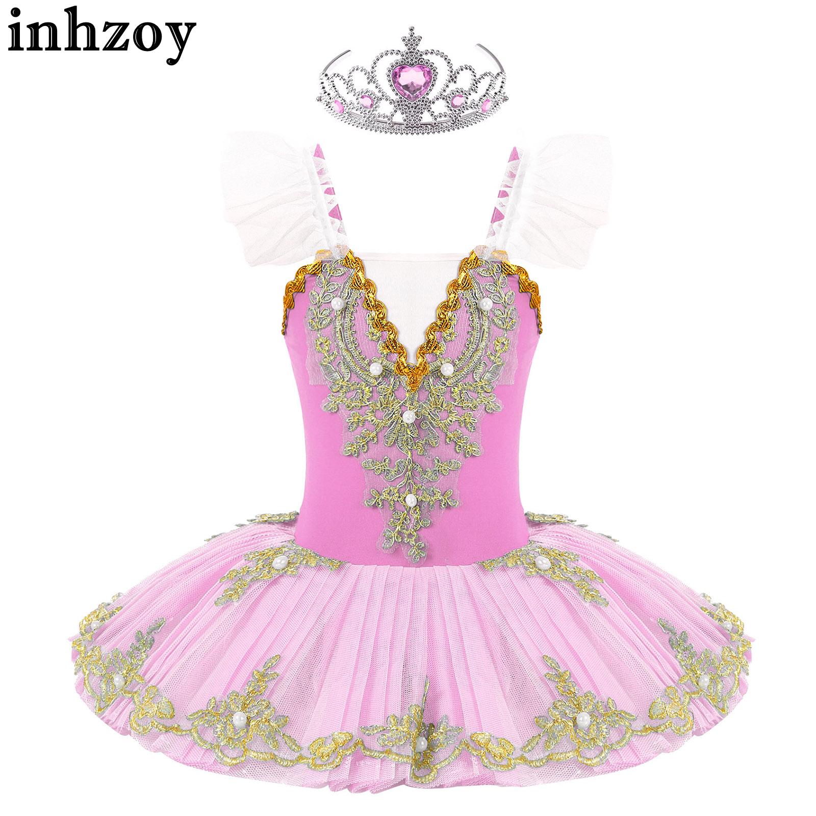 Girls Ballerina Ballet Dance Dress Swan Lake Dance Performance Costume Sleeveless Skirted Leotard Tutu Dress with Crown Headwear