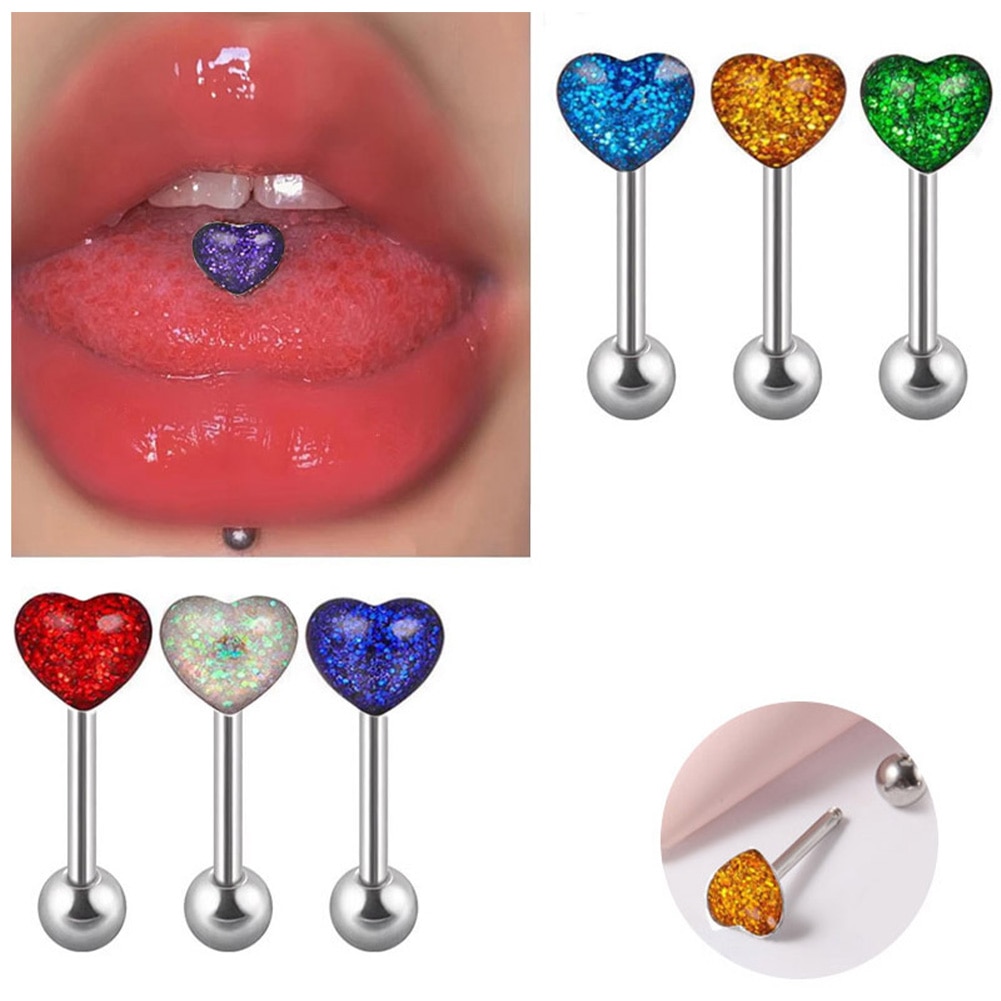 Fashion 14G Exquisite Tongue Rings For Women Heart Shape Barbell Piercing Heart Tongue Ring Sexy Body Jewelry Gifts For Women